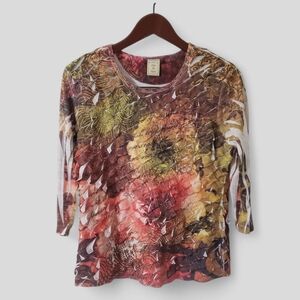 Jess & Jane Sz Small Ruffle Tiered Floral Top 3/4 Sleeve‎ Artsy